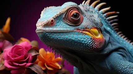 Fototapeta premium Chameleon full-body, framed within the photo, colored, aligned to the right.
