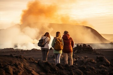 Obraz premium Tourists enjoy breathtaking volcanic landscape, featuring a volcanic eruption with smoke, lava, and steam