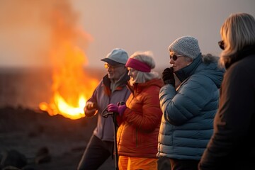 A group of travelers gathers around a mesmerizing near a volcano.