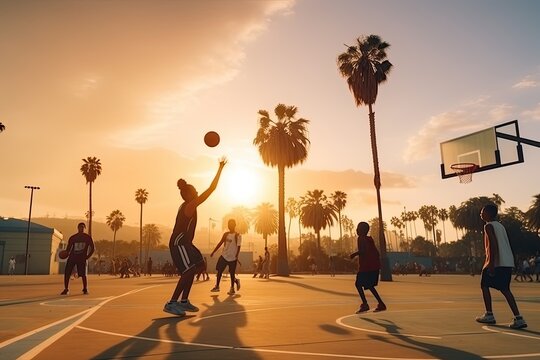 Friends engage in an energetic game of basketball outdoors, enjoying the summer, competition, and togetherness.
