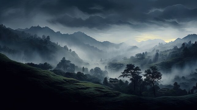  a painting of a mountain scene with fog and trees in the foreground.  generative ai