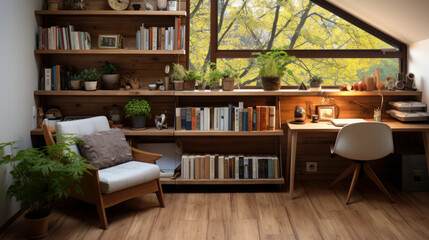 Small relaxing study room with bookshelves.  Generative AI