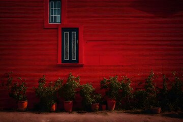 window with red shutters - Powered by Adobe