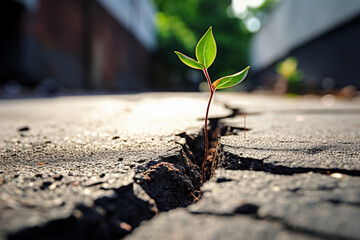 A small green plant sprout sprouted through a crack in the asphalt, generative ai