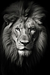 black and white close up of lion, generative ai