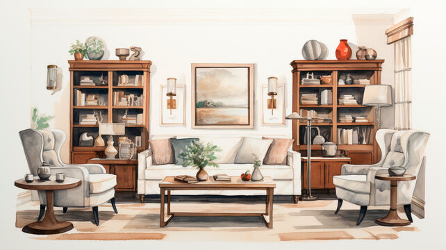 Watercolor illustrations of eclectic living room design with built-in furniture, Generative AI