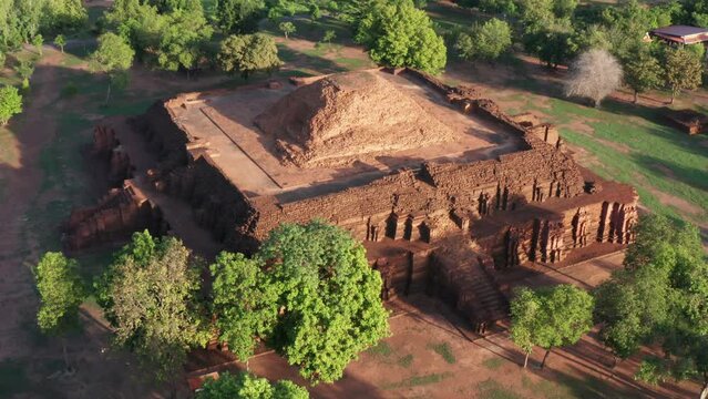 Aerial drone top view preserve history Prasat Prang Si Thep, a World Heritage Site, is located at Si Thep, Si Thep District, Phetchabun.