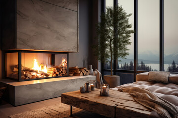 Concept of fireplace with fire at home. Comfortable living room with log wood on top of metal fireside, behind glass door and modern interior design, generative ai