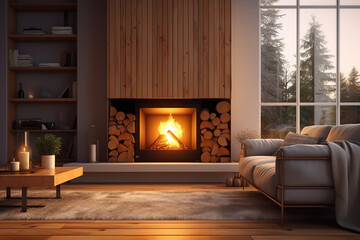 Concept of fireplace with fire at home. Comfortable living room with log wood on top of metal fireside, behind glass door and modern interior design, generative ai