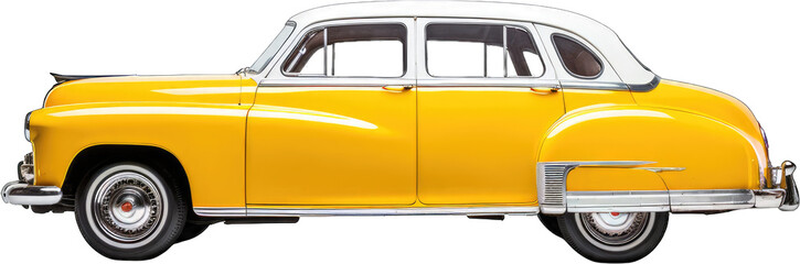 Classic yellow vintage car. Retro automotive design isolated on transparent background. Suitable...
