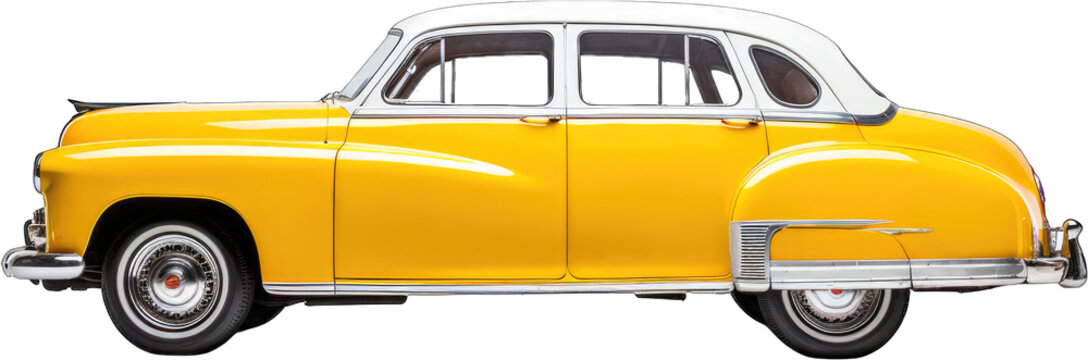Fototapeta Classic yellow vintage car. Retro automotive design isolated on transparent background. Suitable for collectors, events, posters