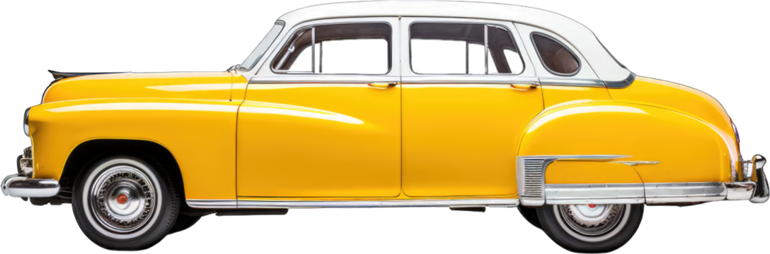 Classic yellow vintage car. Retro automotive design isolated on transparent background. Suitable for collectors, events, posters