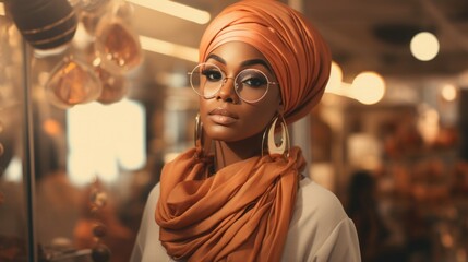 Portrait of a beautiful Muslim woman in a headscarf in a fashion store, blurred interior.