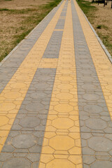 Paved footpath with long slabs of gray and orange.