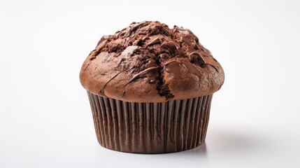 Single chocolate cupcake isolated on a clean white surface.