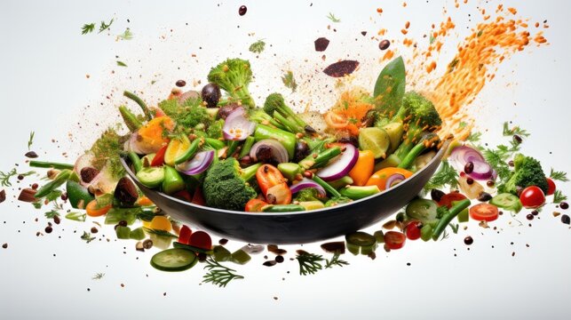 Image of colorful fresh vegetables dipping into a hot frying pan.