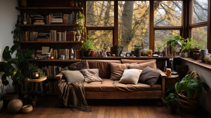 Fototapeta na wymiar Small relaxing study room with bookshelves. Generative AI