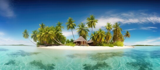 Fototapeta na wymiar An idyllic island escape with palm trees, clear blue waters, and a peaceful atmosphere.