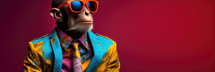 Charming and stylish monkey dressed in bright and trendy clothes.