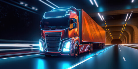 Truck on the road with neon lights and motion blur background