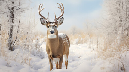 Closeup of a male white tail deer in the snow