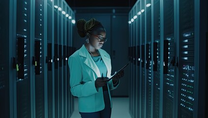 A male technician managing server systems and ensuring secure data storage and connectivity in a technology center.