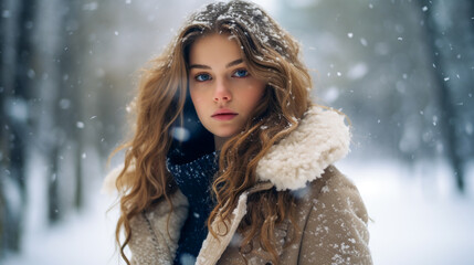 Girl Amidst Snowflakes.  eautiful Woman in a Winter Park