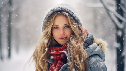 Girl Amidst Snowflakes.  eautiful Woman in a Winter Park