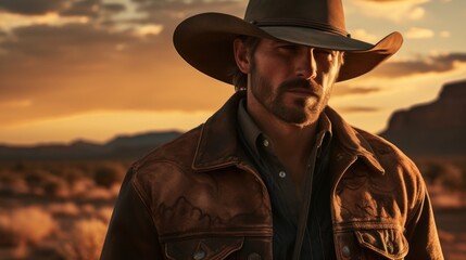 Cowboy in a denim shirt, leather chaps, and a wide-brimmed hat.