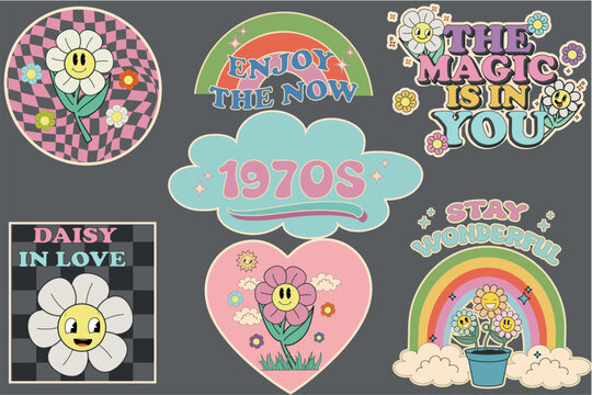 Set of 70s groovy element vector. Collection of cartoon characters, doodle smile face flowers,sun,rainbow,heart and stars. Cute retro groovy hippie design for decorative, sticker. Vector