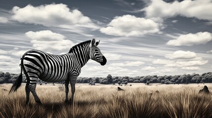 The stark contrast of a black and white zebra grazing in an open field