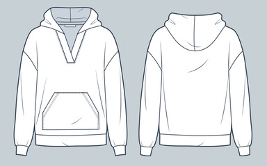 Hooded Sweatshirt technical fashion illustration. Hoodie fashion flat technical drawing template, pocket, v-neck, oversize, front and back view, white, women, men, unisex CAD mockup set. © Liubov Hladka