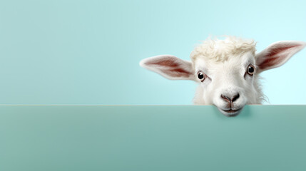 text space for advertising with funny part as portrait of a sheep peeking over a colored panal
