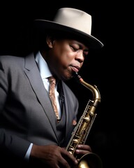 Jazz musician in a pinstripe suit and fedora.