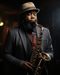 Jazz musician in a pinstripe suit and fedora.