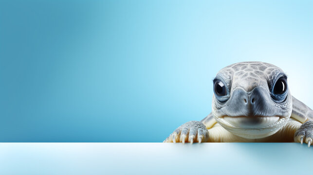 text space for advertising with funny part as portrait of a turtle peeking over a colored panal