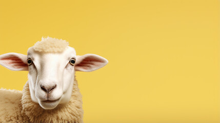 Fototapeta premium text space for advertising with funny part as portrait of a sheep peeking over a colored panal
