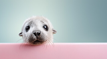 text space for advertising with funny part as portrait of a seal peeking over a colored panal