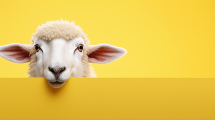 text space for advertising with funny part as portrait of a sheep peeking over a colored panal - obrazy, fototapety, plakaty