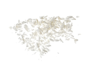Fresh coconut flakes on white background, top view. Close-up
