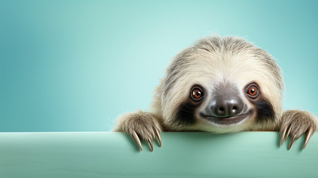text space for advertising with funny part as portrait of a sloth peeking over a colored panal
