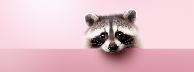 text space for advertising with funny part as portrait of a racoon peeking over a colored panal