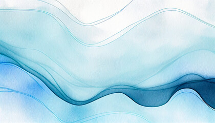 Abstract water ink wave, blue background watercolor texture. Aqua, teal and white ocean wave web, mobile Graphic Resource. Winter snow wave for copy space text backdrop, wavy weather illustration - obrazy, fototapety, plakaty