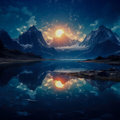 Fantasy landscape with mountains and lake at night.