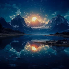 Foto auf Acrylglas Fantasy landscape with mountains and lake at night. © mila103