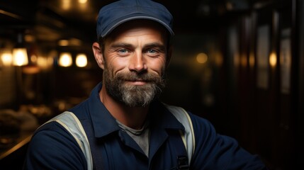 Sailor in a shirt with a nautical cap. - obrazy, fototapety, plakaty