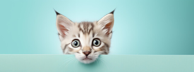 text space for advertising with funny part as portrait of a cute perser kitten cat peeking over a colored panal