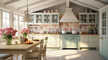 Obraz na płótnie Canvas Traditional Floral Wallpaper in soft pastel shades, adorning the walls of a charming, cottage-style kitchen