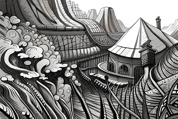  Illustration of a gothic horror castle that looks like something out of a picture book.