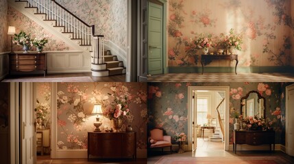 Traditional Floral Wallpaper in a hallway, creating a graceful transition between living spaces. 